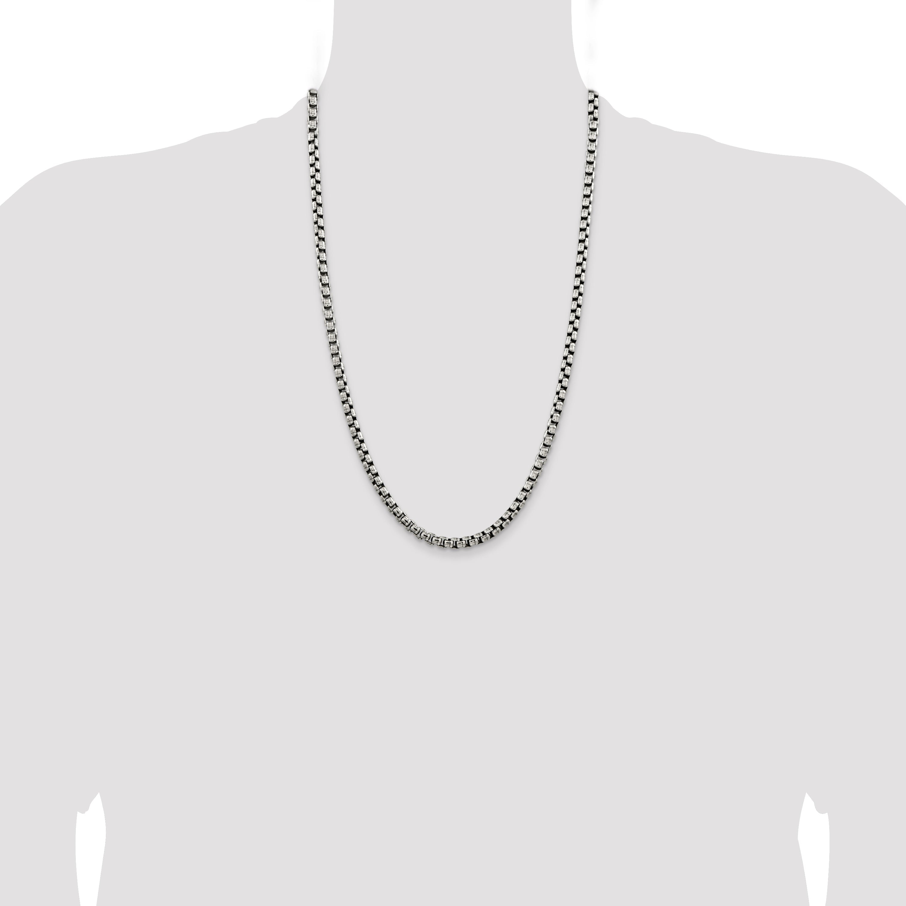 26 Inch Sterling Silver Antiqued 5.2mm Round Box Chain Necklace