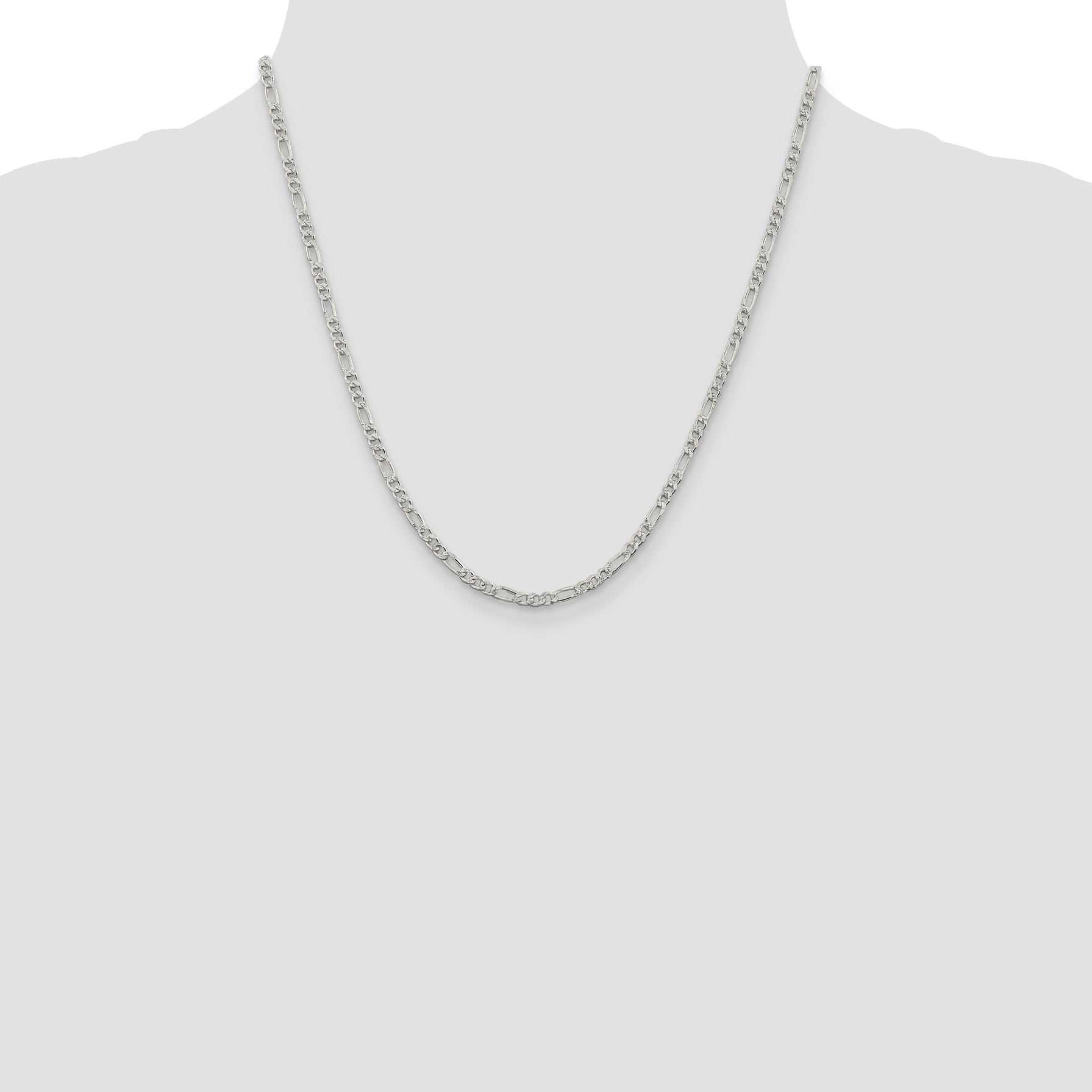 20 Inch Sterling Silver 3mm Pav Flat Figaro Chain Necklace