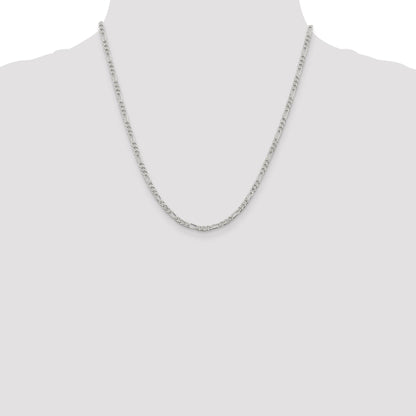 20 Inch Sterling Silver 3mm Pav Flat Figaro Chain Necklace