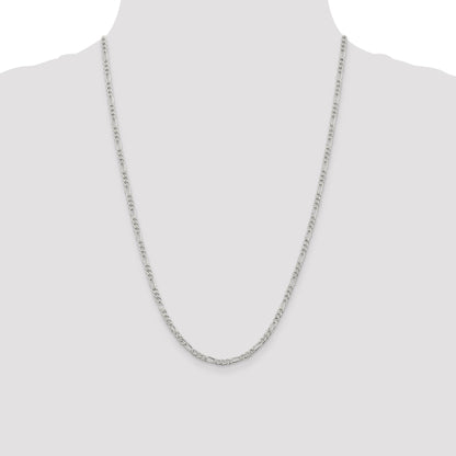 24 Inch Sterling Silver 3mm Pav Flat Figaro Chain Necklace