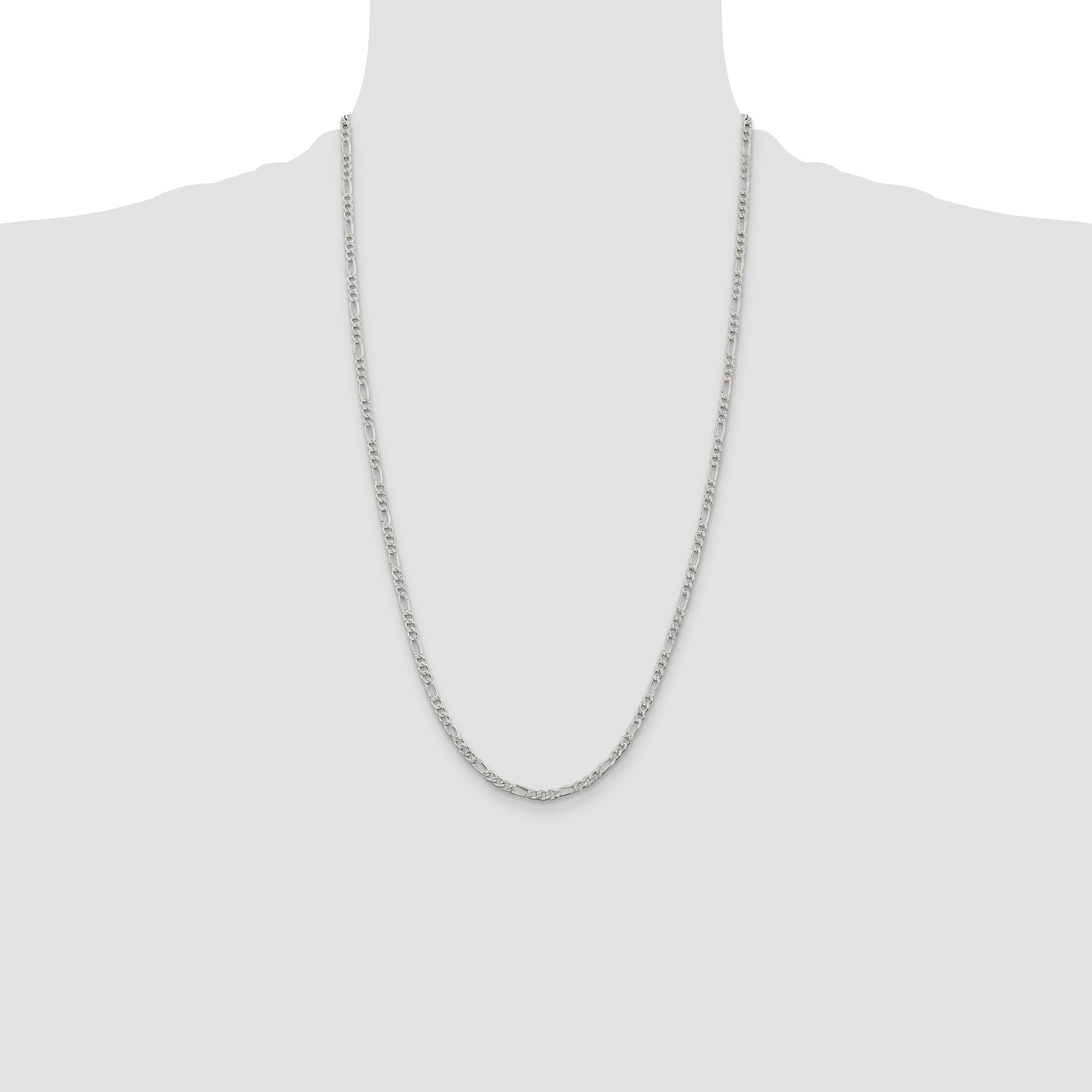 26 Inch Sterling Silver 3mm Pav Flat Figaro Chain Necklace