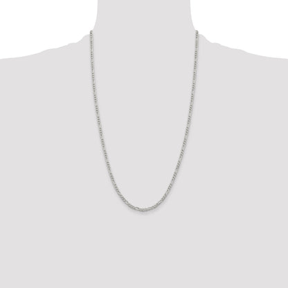 26 Inch Sterling Silver 3mm Pav Flat Figaro Chain Necklace
