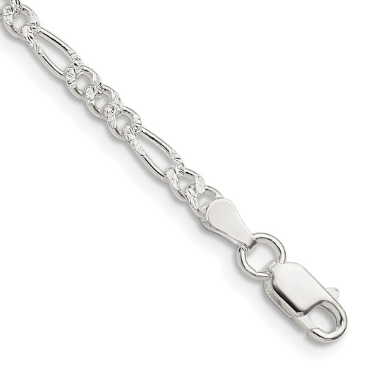 8 Inch Sterling Silver 3mm Pav Flat Figaro Chain Bracelet