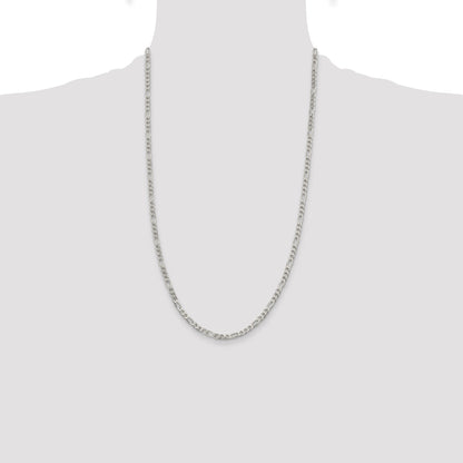 26 Inch Sterling Silver 4mm Pav Flat Figaro Chain Necklace