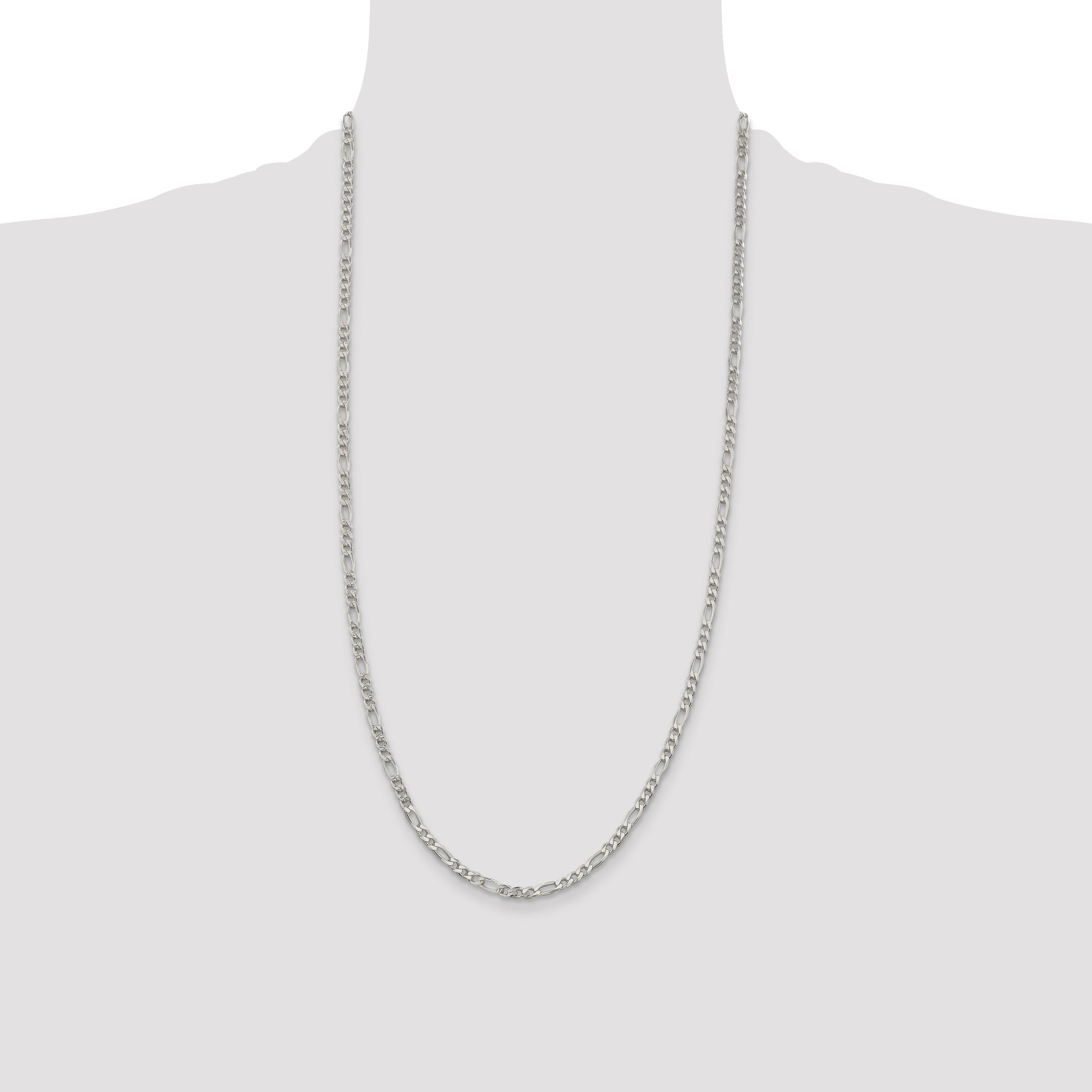 28 Inch Sterling Silver 4mm Pave Flat Figaro Chain Necklace