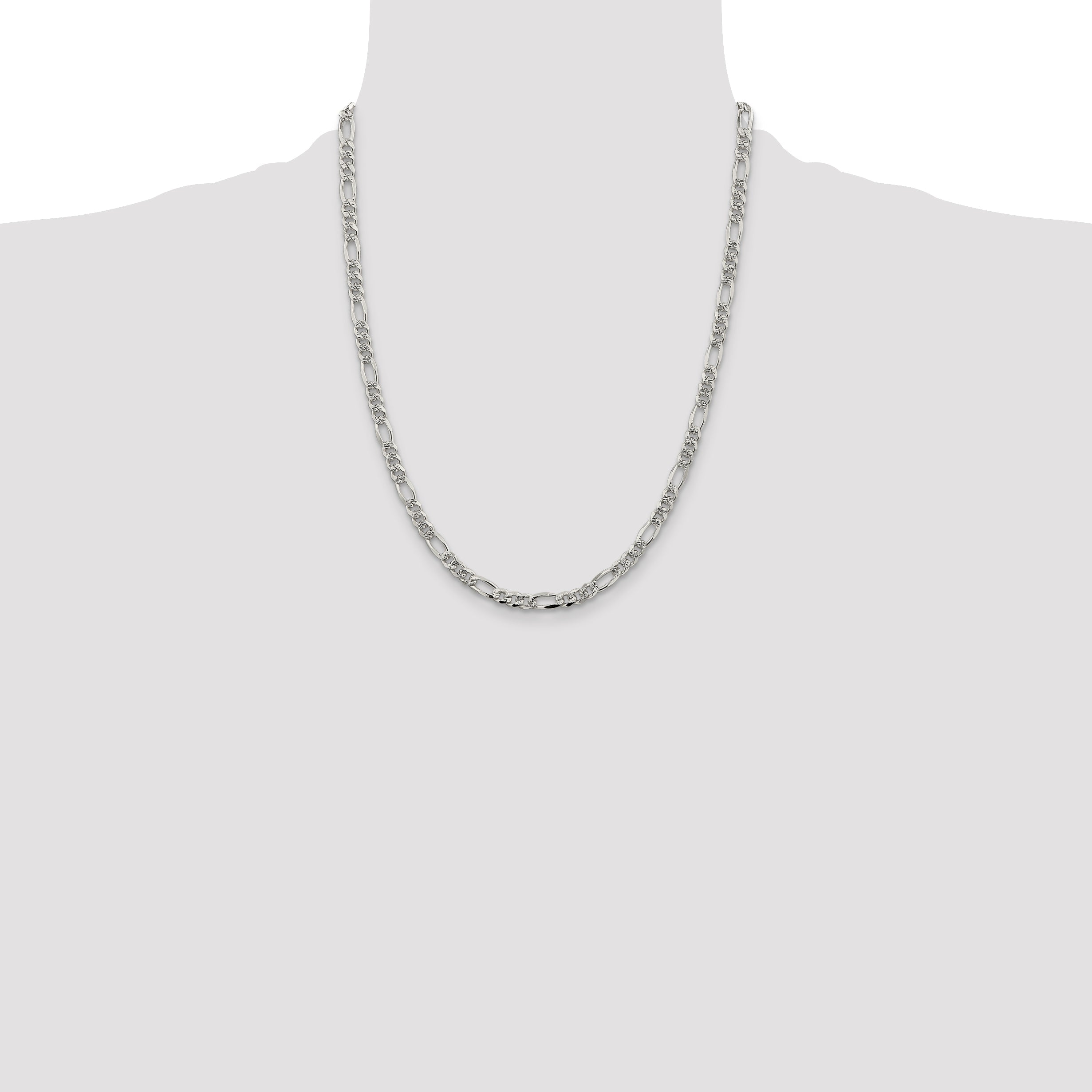 22 Inch Sterling Silver 4.3mm Pav Flat Figaro Chain Necklace