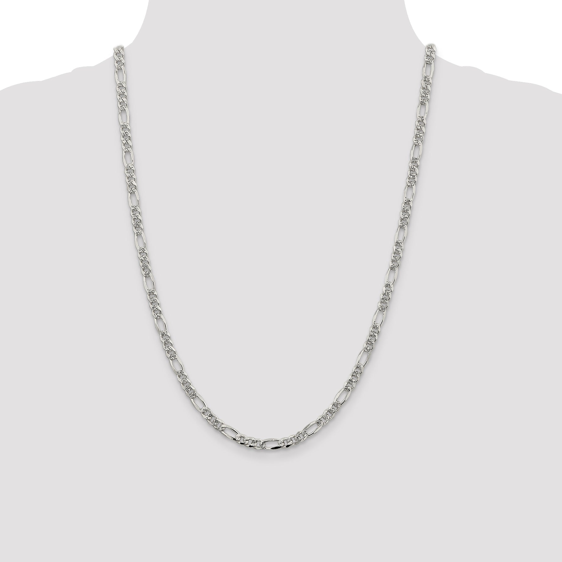 24 Inch Sterling Silver 4.3mm Pav Flat Figaro Chain Necklace