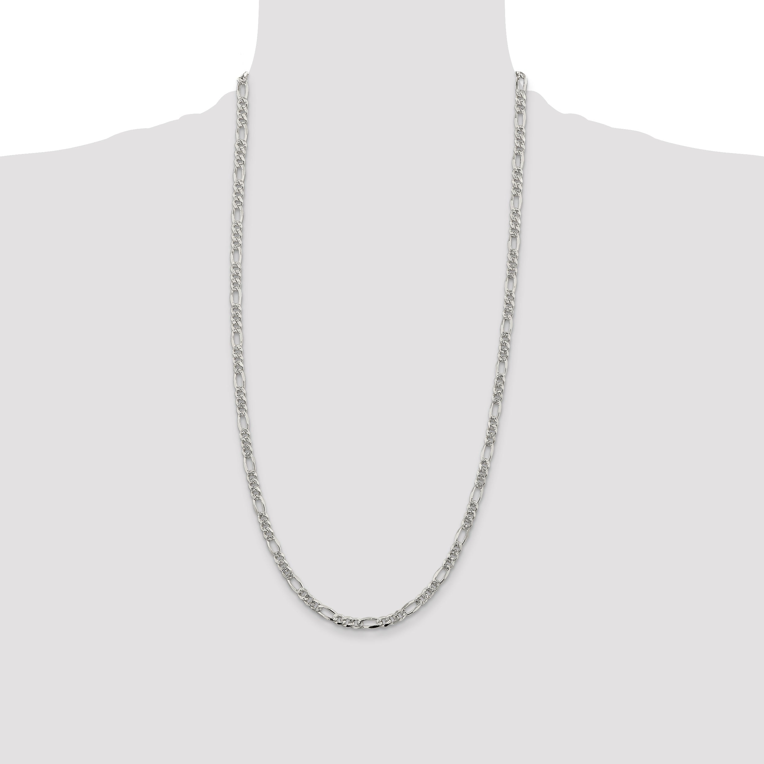 28 Inch Sterling Silver 4.3mm Pav Flat Figaro Chain Necklace