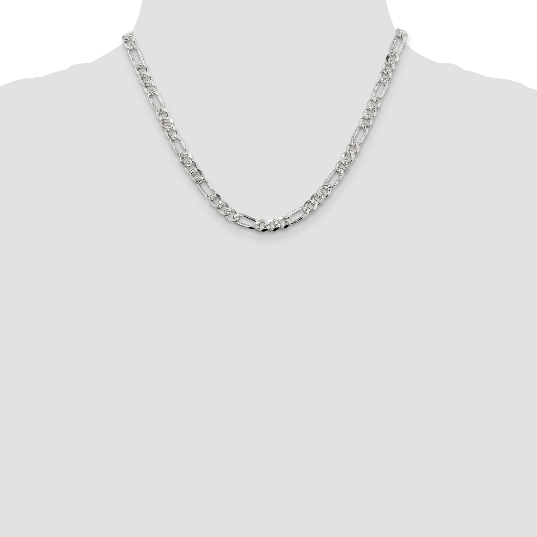 18 Inch Sterling Silver 5.5mm Pav Flat Figaro Chain Necklace