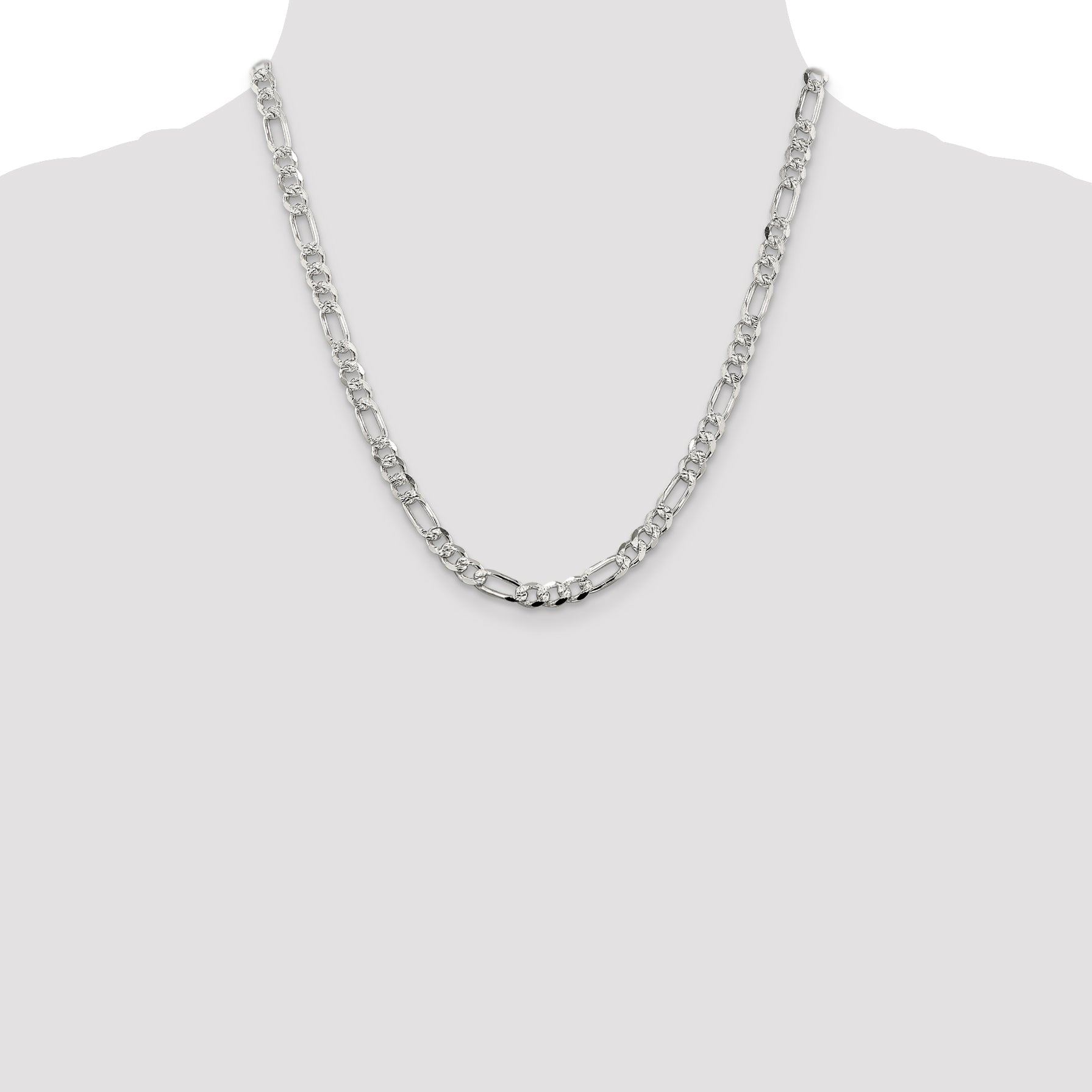 20 Inch Sterling Silver 5.5mm Pav Flat Figaro Chain Necklace
