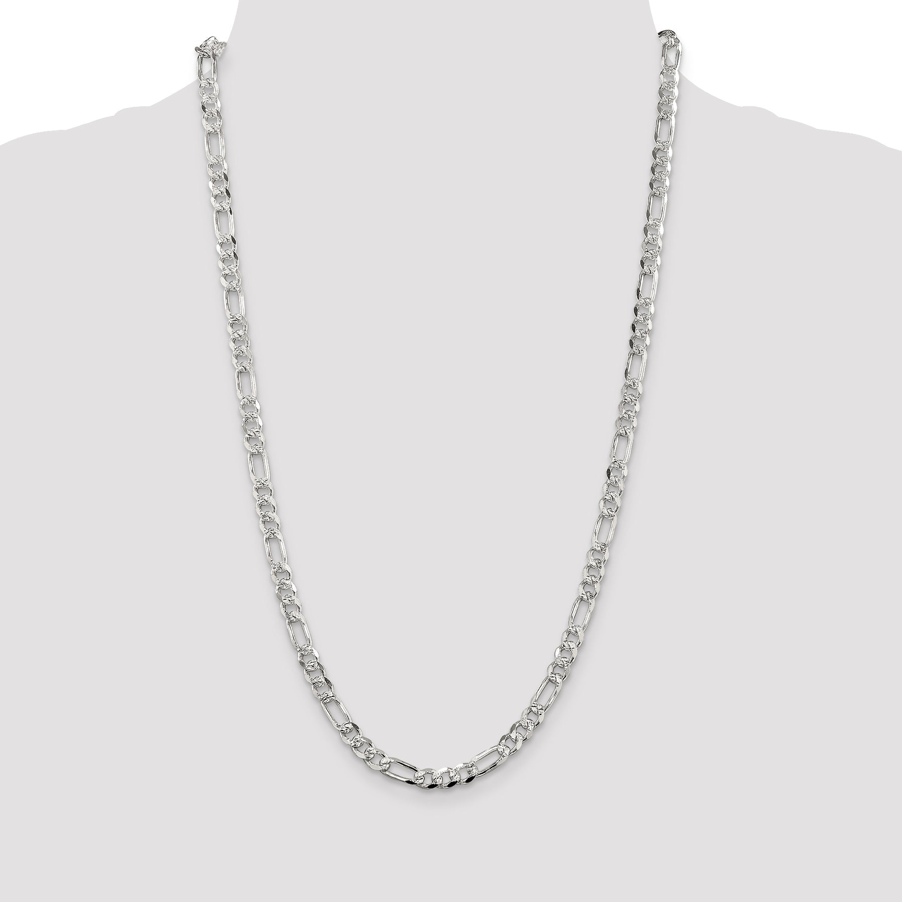 26 Inch Sterling Silver 5.5mm Pav Flat Figaro Chain