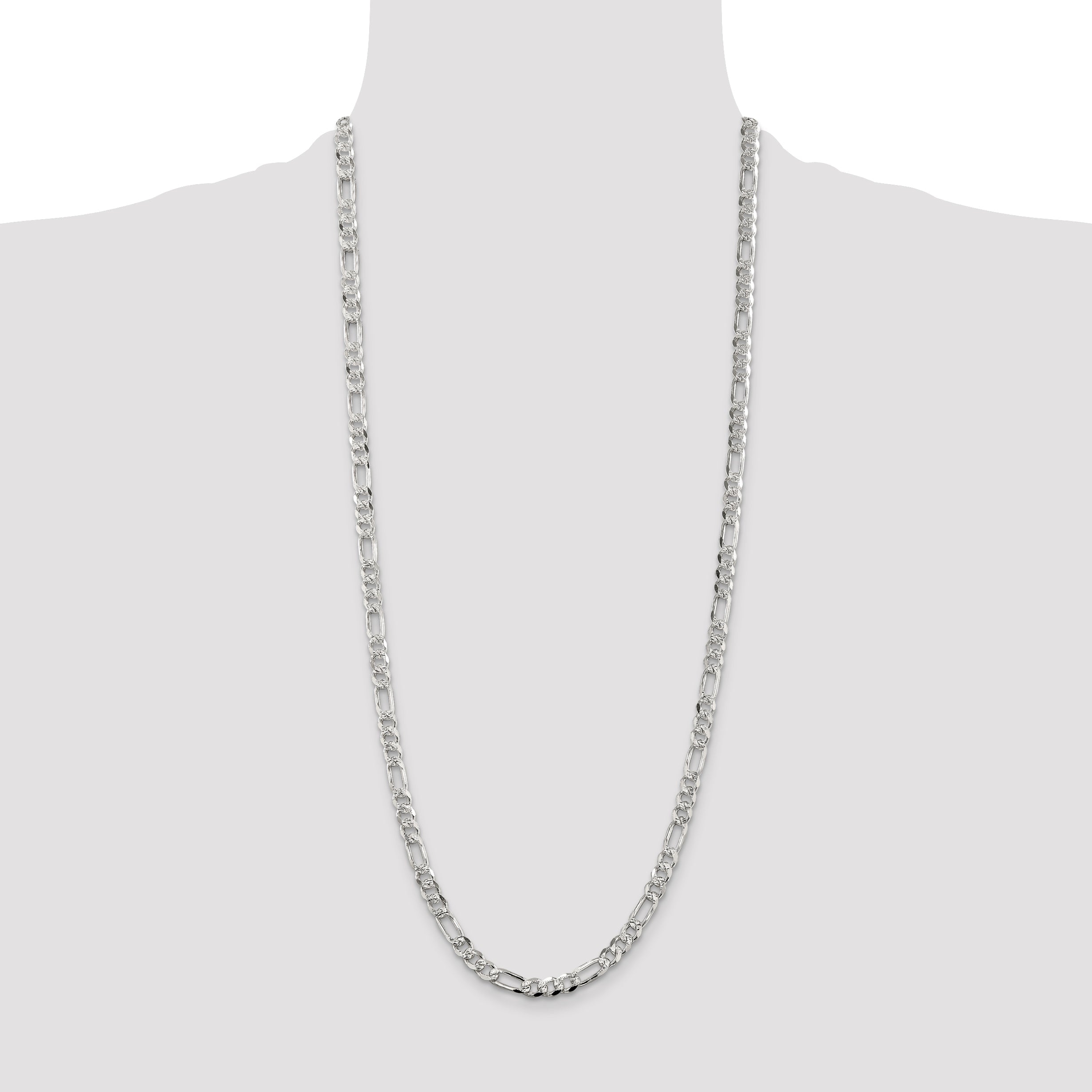 30 Inch Sterling Silver 5.5mm Pav Flat Figaro Chain