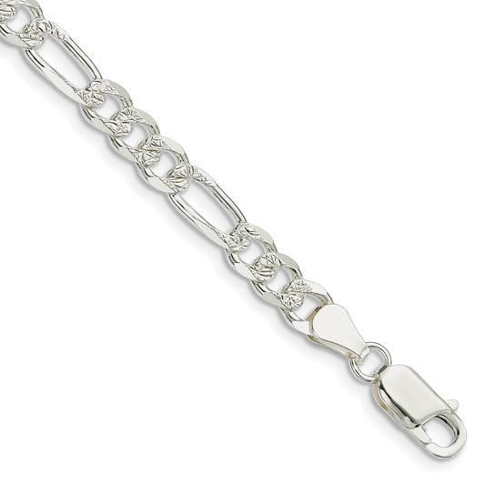 7 Inch Sterling Silver 5.5mm Pav Flat Figaro Chain Bracelet