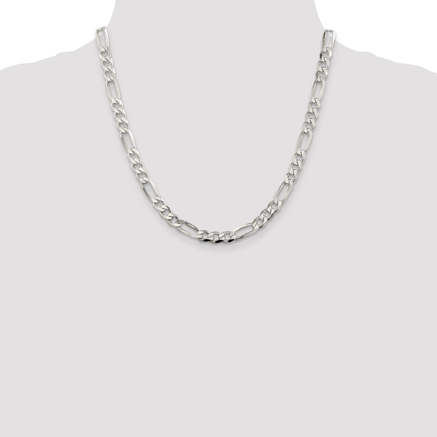 20 Inch Sterling Silver 6.75mm Pav Flat Figaro Chain Necklace