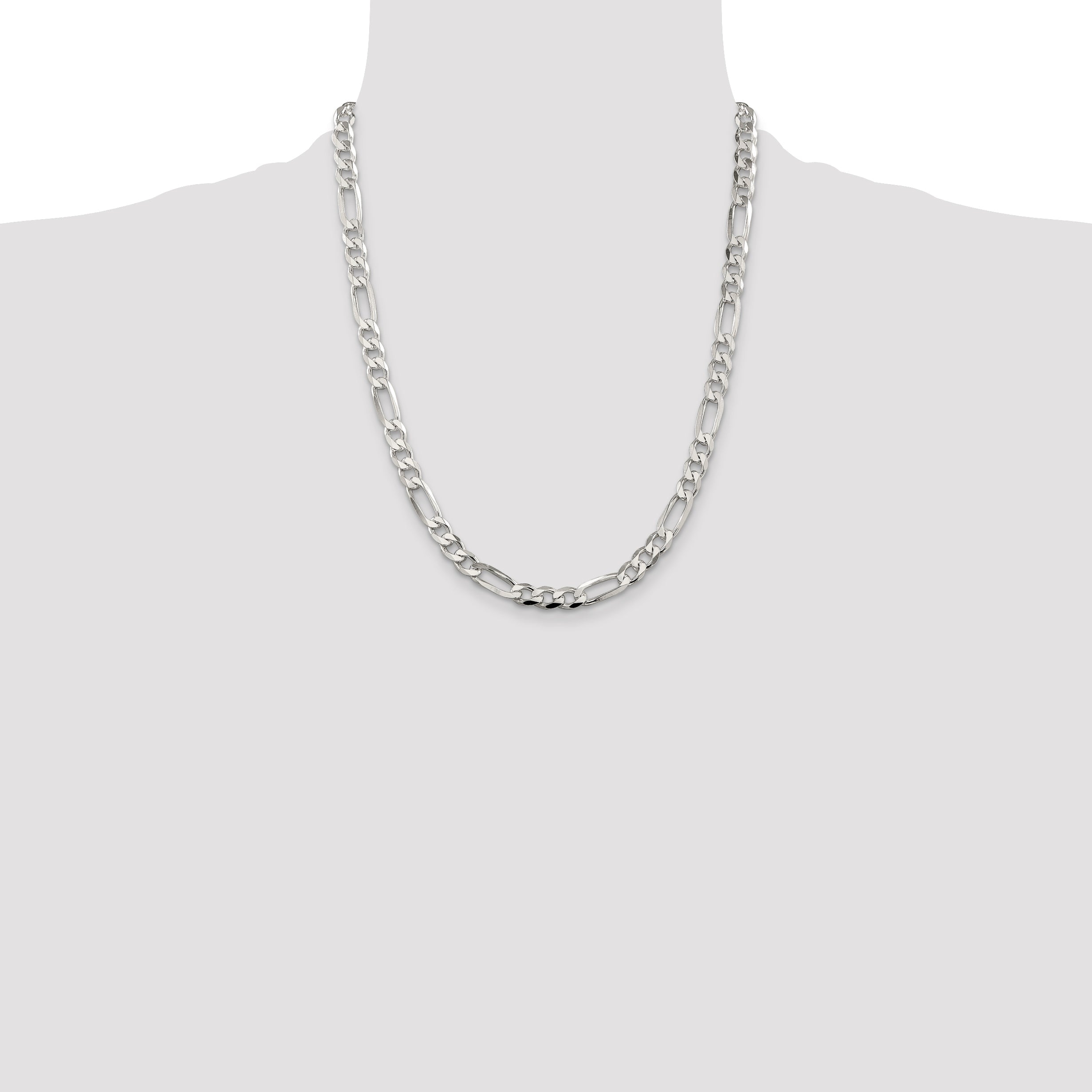 22 Inch Sterling Silver 6.75mm Pav Flat Figaro Chain