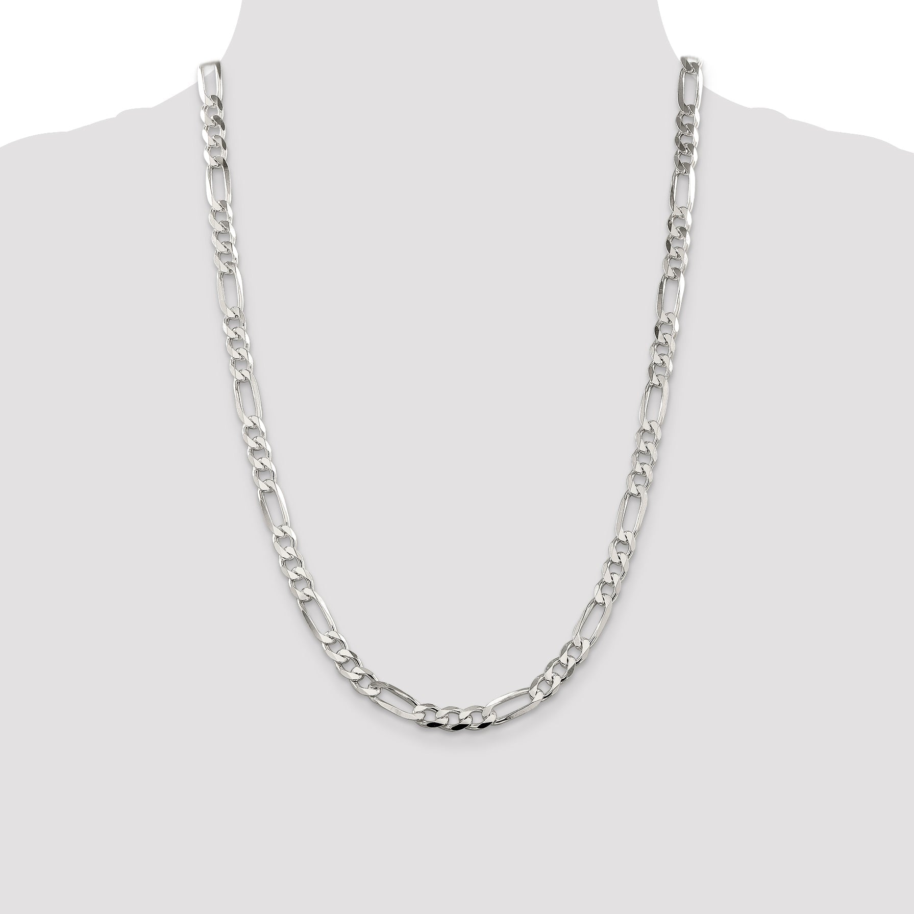 24 Inch Sterling Silver 6.75mm Pav Flat Figaro Chain Necklace