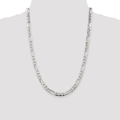 24 Inch Sterling Silver 6.75mm Pav Flat Figaro Chain Necklace