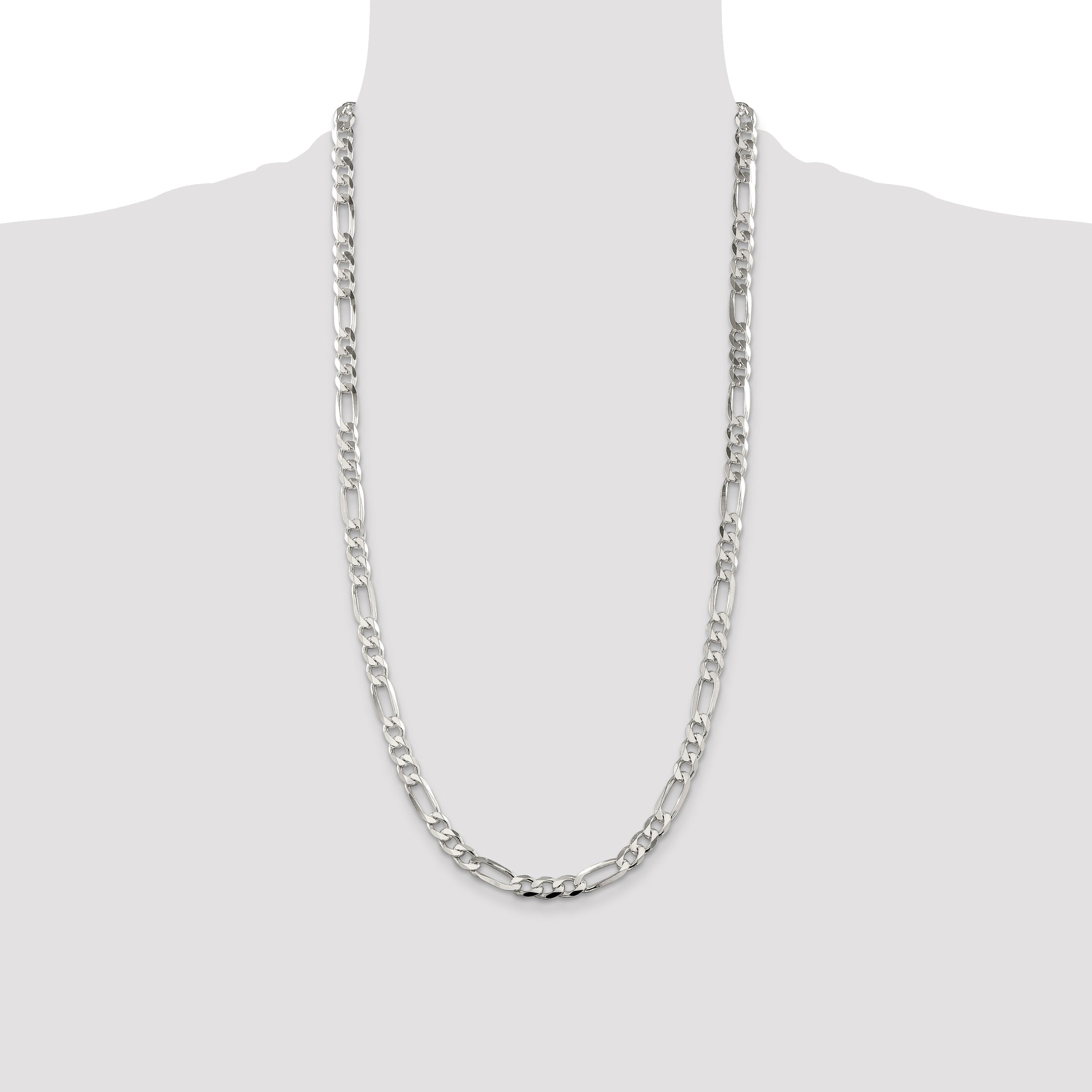28 Inch Sterling Silver 6.75mm Pav Flat Figaro Chain