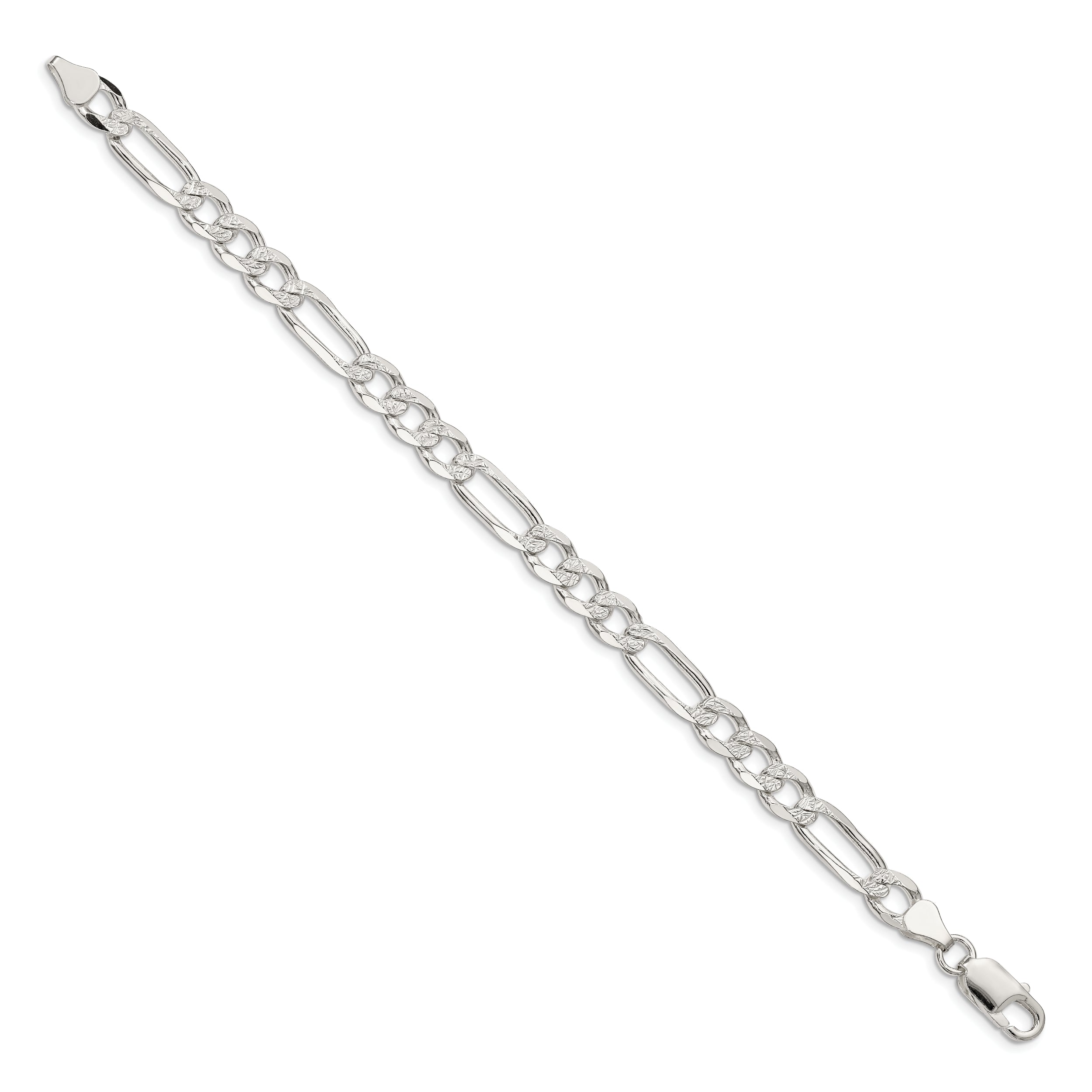 7 Inch Sterling Silver 6.75mm Pav Flat Figaro Chain Bracelet