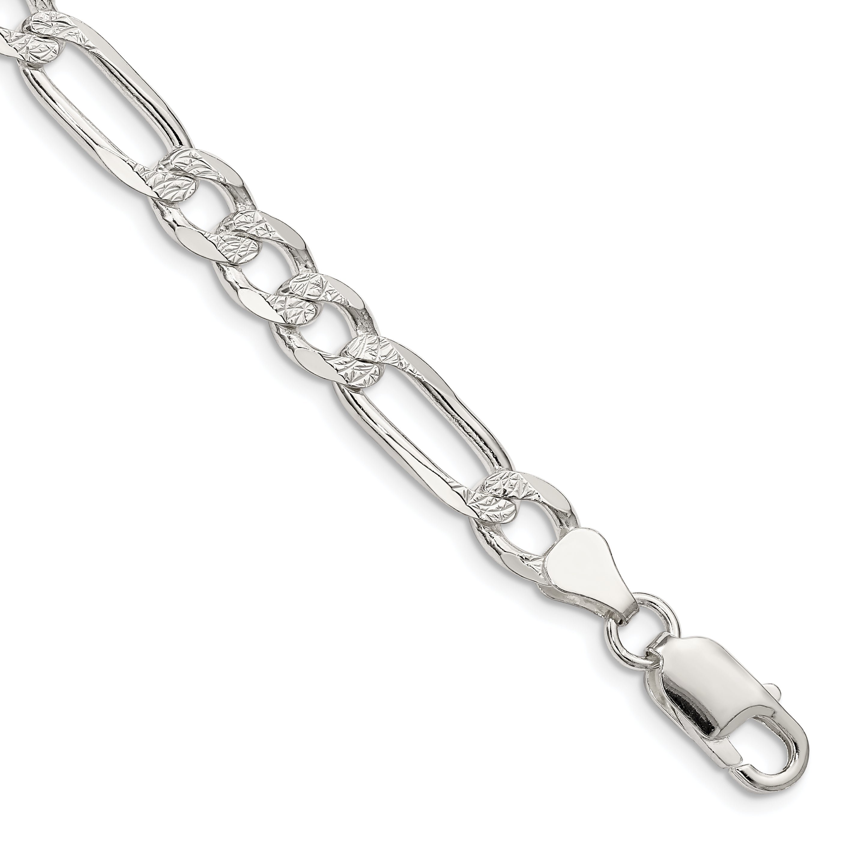 7 Inch Sterling Silver 6.75mm Pav Flat Figaro Chain Bracelet