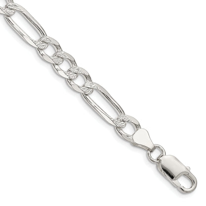 7 Inch Sterling Silver 6.75mm Pav Flat Figaro Chain Bracelet
