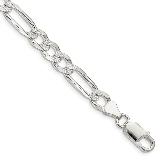 8 Inch Sterling Silver 6.75mm Pav Flat Figaro Chain Bracelet