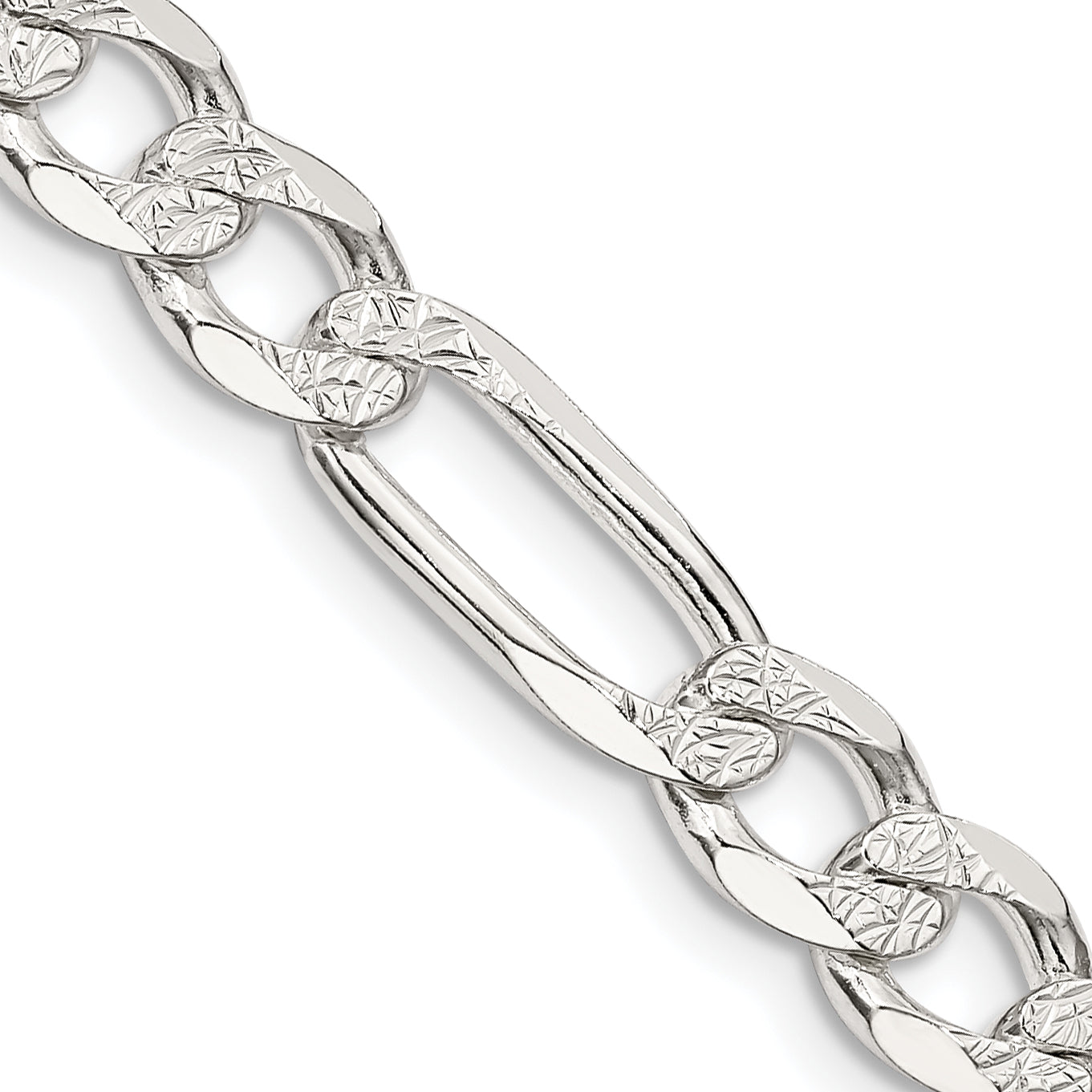 26 Inch Sterling Silver 6.75mm Pav Flat Figaro Chain