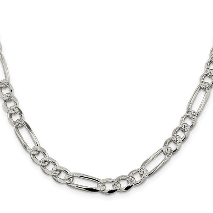 22 Inch Sterling Silver 7.25mm Pav Flat Figaro Chain Necklace