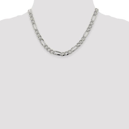 18 Inch Sterling Silver 7.25mm Pav Flat Figaro Chain Necklace