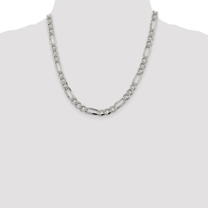 20 Inch Sterling Silver 7.25mm Pav Flat Figaro Chain Necklace