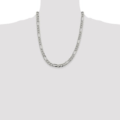 22 Inch Sterling Silver 7.25mm Pav Flat Figaro Chain Necklace