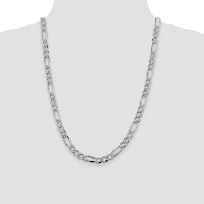 24 Inch Sterling Silver 7.25mm Pav Flat Figaro Chain Necklace