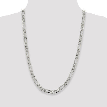 26 Inch Sterling Silver 7.25mm Pav Flat Figaro Chain Necklace