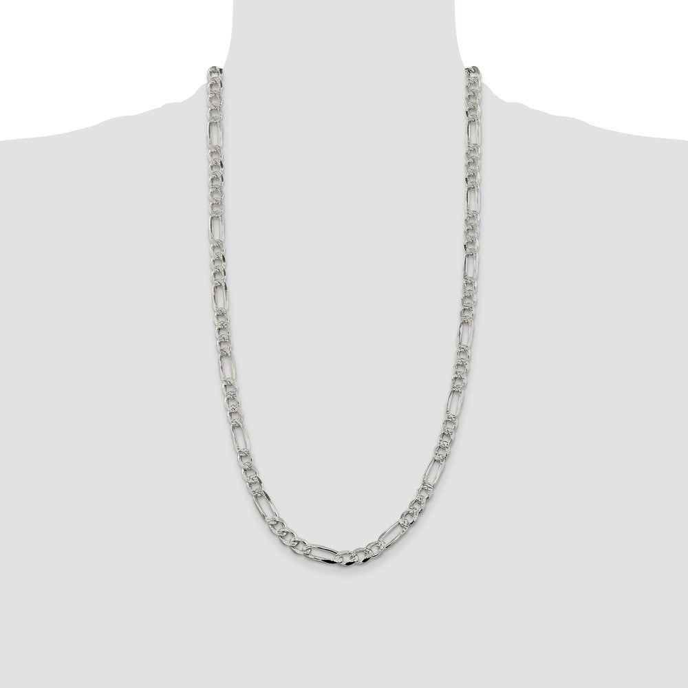28 Inch Sterling Silver 7.25mm Pave Flat Figaro Chain Necklace