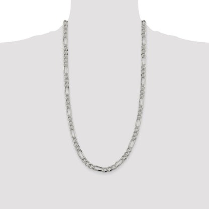 28 Inch Sterling Silver 7.25mm Pave Flat Figaro Chain Necklace