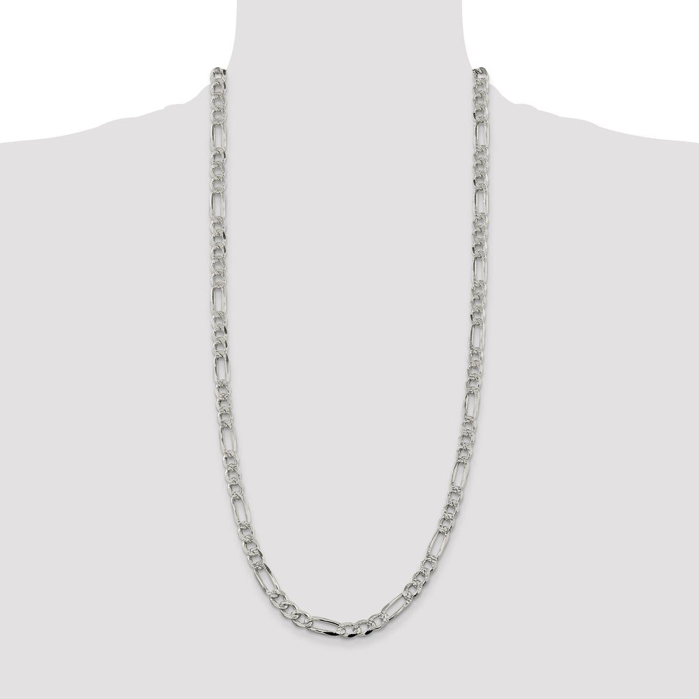 30 Inch Sterling Silver 7.25mm Pav Flat Figaro Chain Necklace