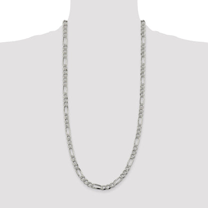 30 Inch Sterling Silver 7.25mm Pav Flat Figaro Chain Necklace