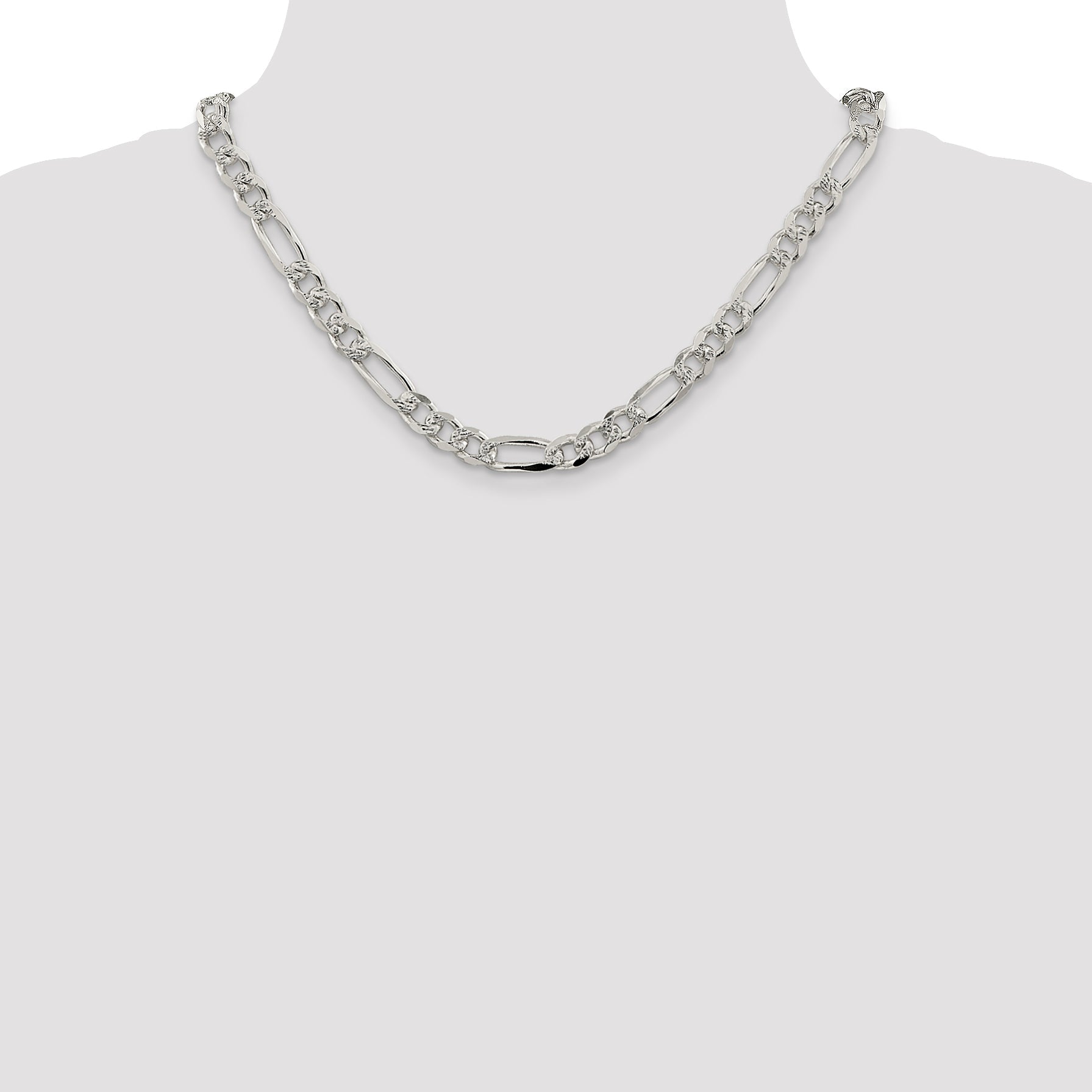 18 Inch Sterling Silver 8mm Pav Flat Figaro Chain Necklace