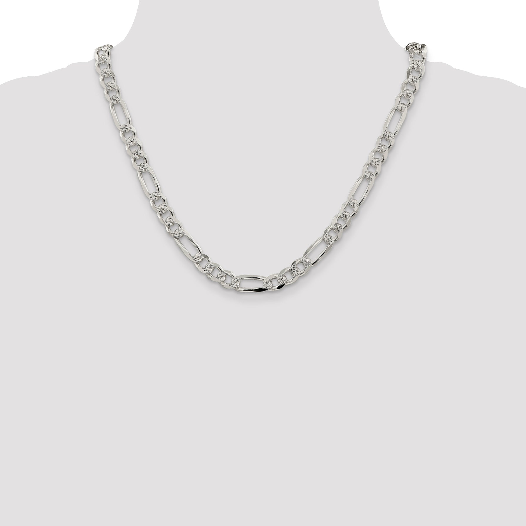 20 Inch Sterling Silver 8mm Pav Flat Figaro Chain Necklace