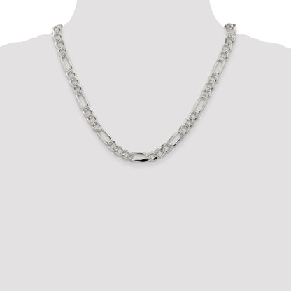 20 Inch Sterling Silver 8mm Pav Flat Figaro Chain Necklace