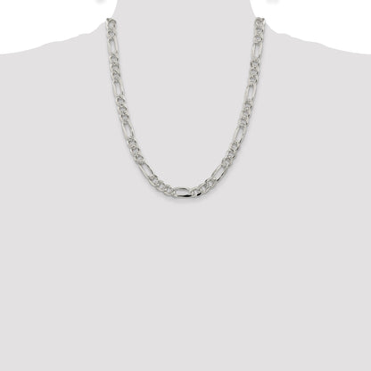 22 Inch Sterling Silver 8mm Pav Flat Figaro Chain Necklace