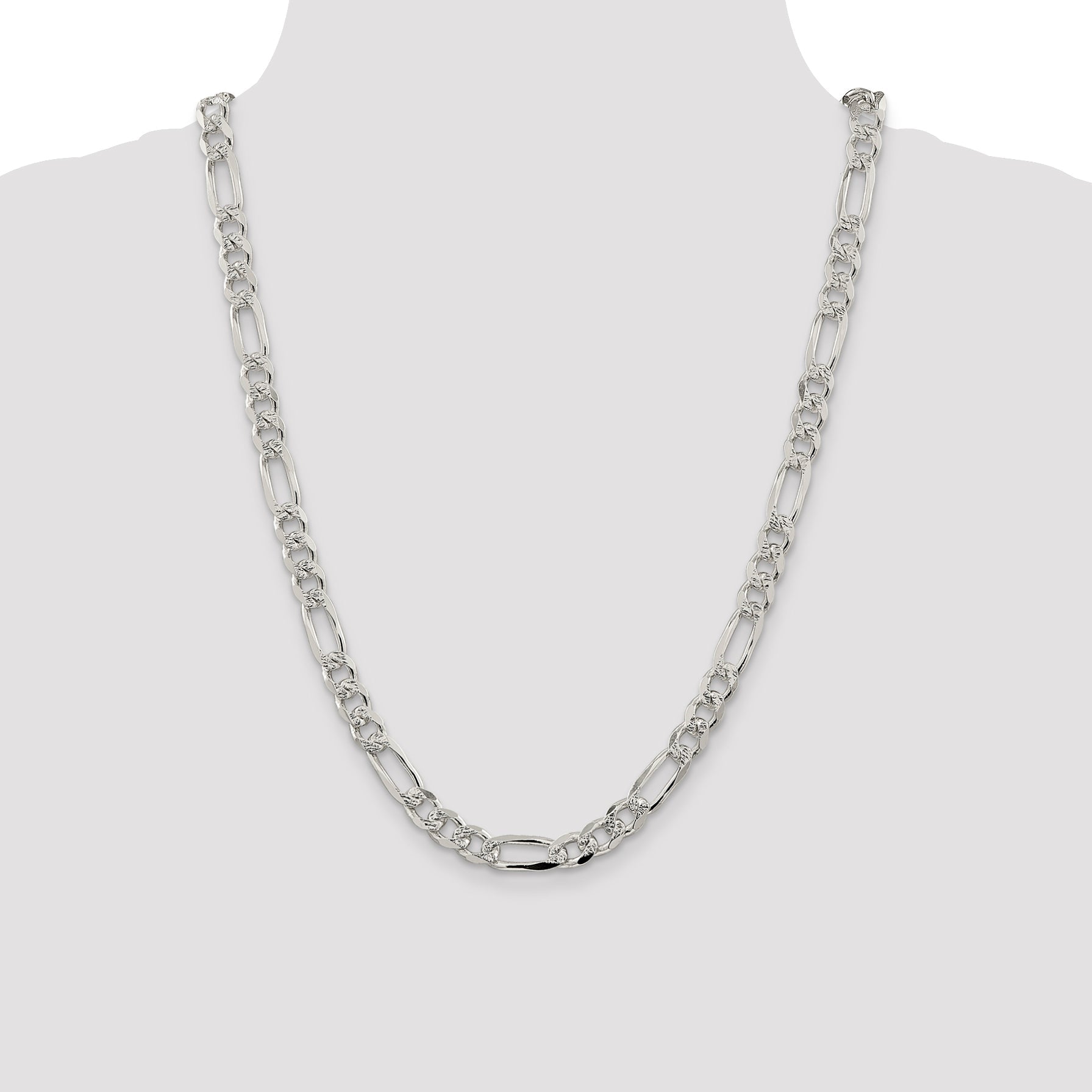 24 Inch Sterling Silver 8mm Pav Flat Figaro Chain Necklace