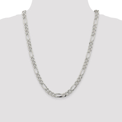 24 Inch Sterling Silver 8mm Pav Flat Figaro Chain Necklace