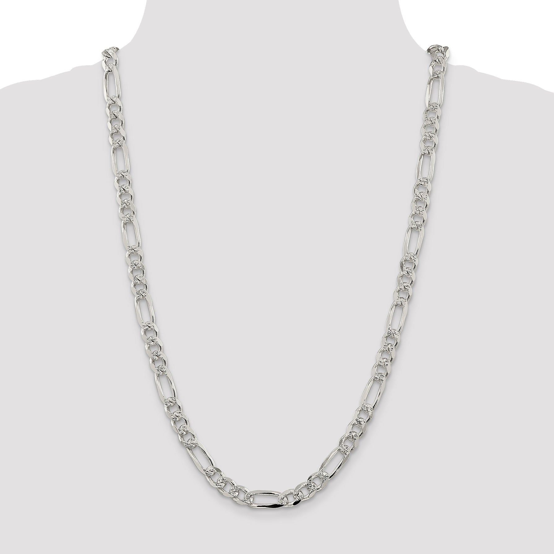 26 Inch Sterling Silver 8mm Pav Flat Figaro Chain Necklace