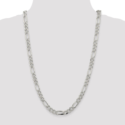 26 Inch Sterling Silver 8mm Pav Flat Figaro Chain Necklace