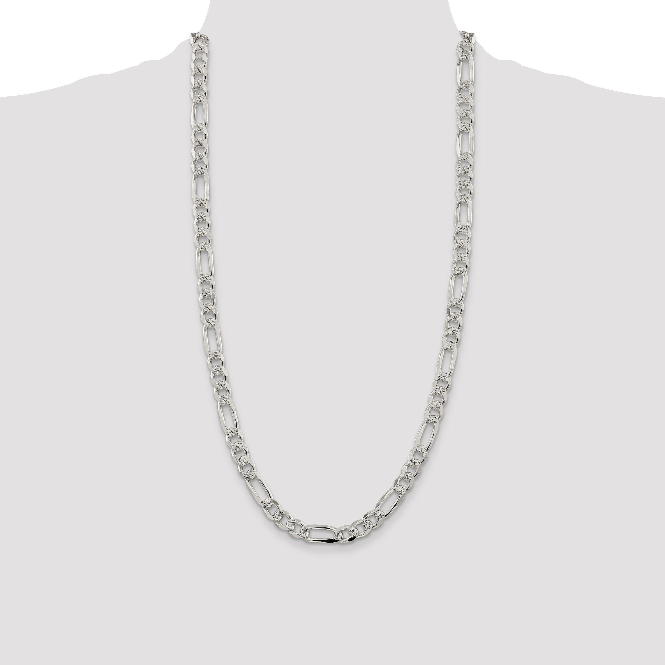 28 Inch Sterling Silver 8mm Pave Flat Figaro Chain Necklace