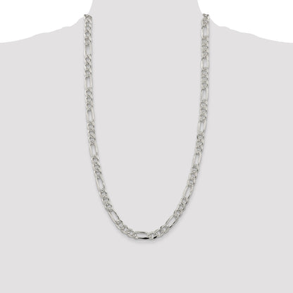 28 Inch Sterling Silver 8mm Pave Flat Figaro Chain Necklace