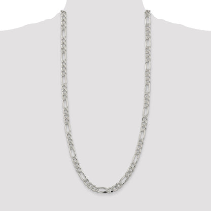 30 Inch Sterling Silver 8mm Pav Flat Figaro Chain Necklace