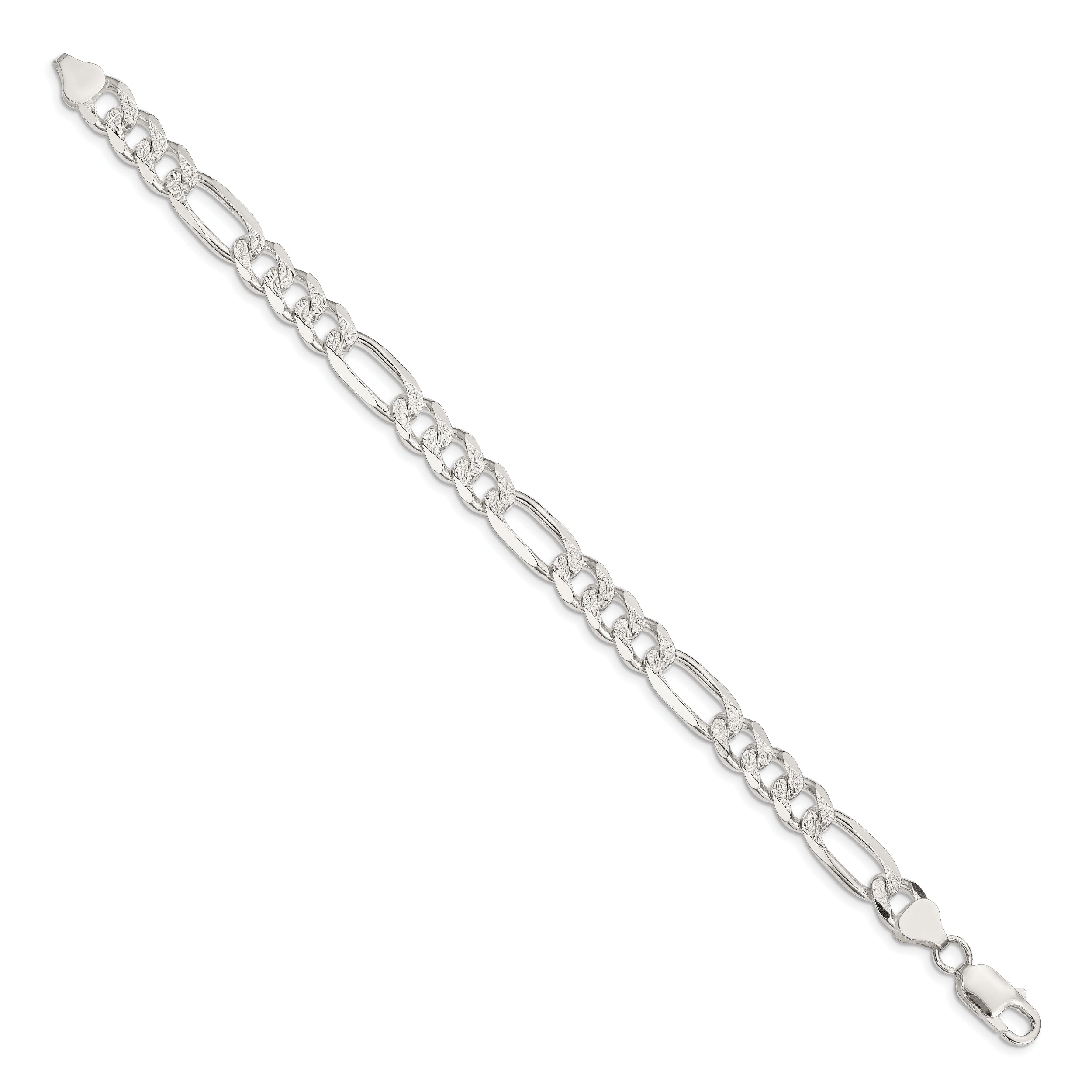8 Inch Sterling Silver 8mm Pav Flat Figaro Chain Bracelet