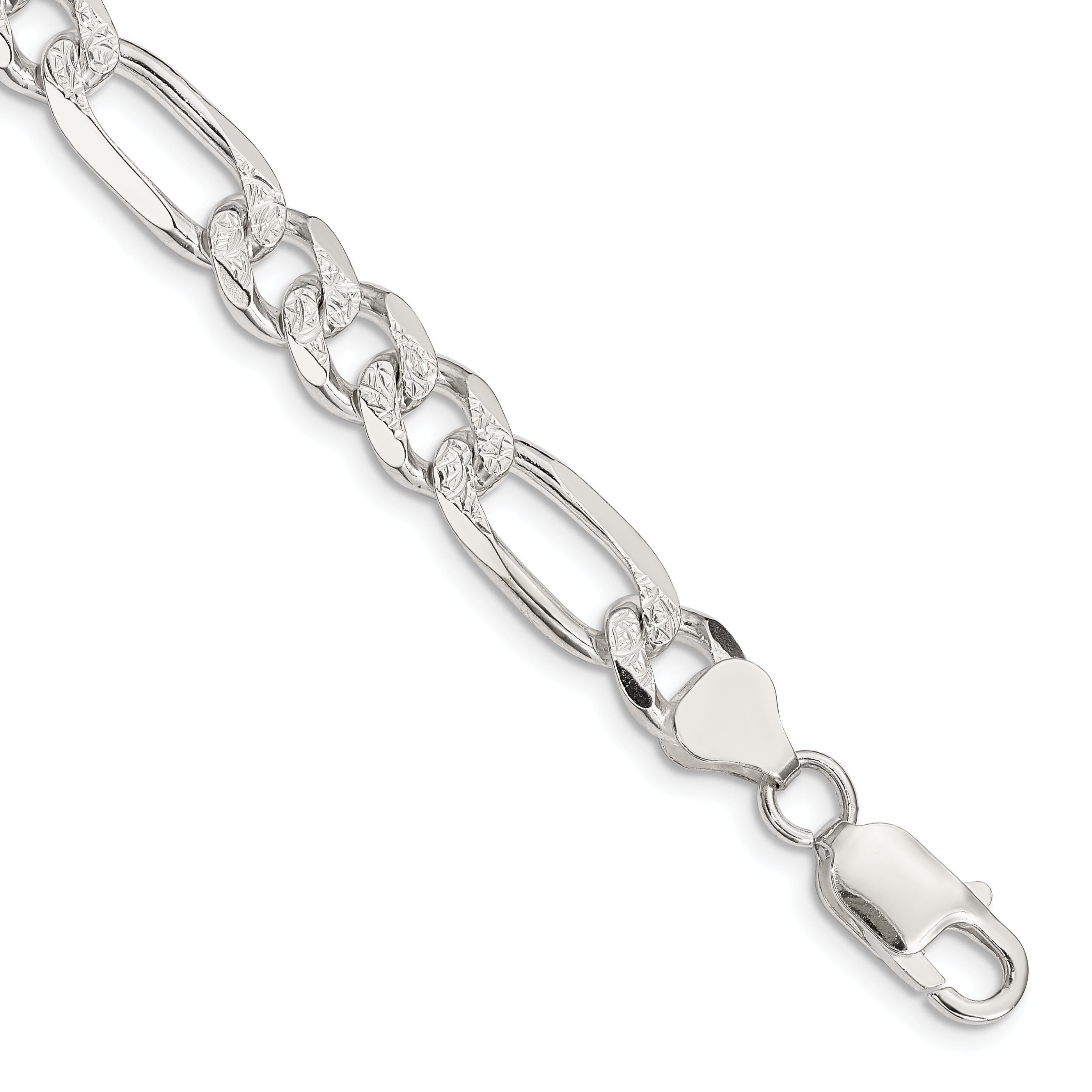 9 Inch Sterling Silver 8mm Pave Flat Figaro Chain Bracelet